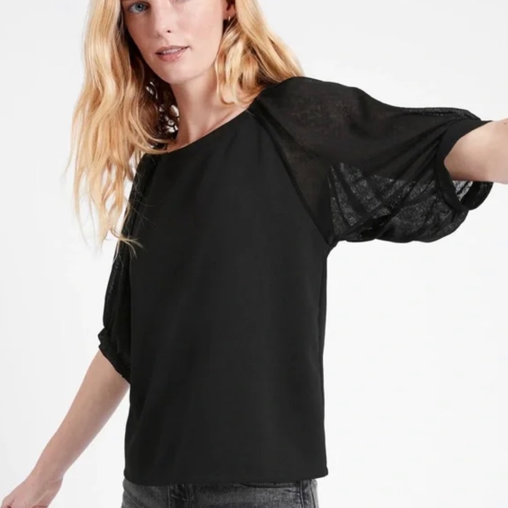 Banana Republic Black Sheer Puff Sleeve Top Size M